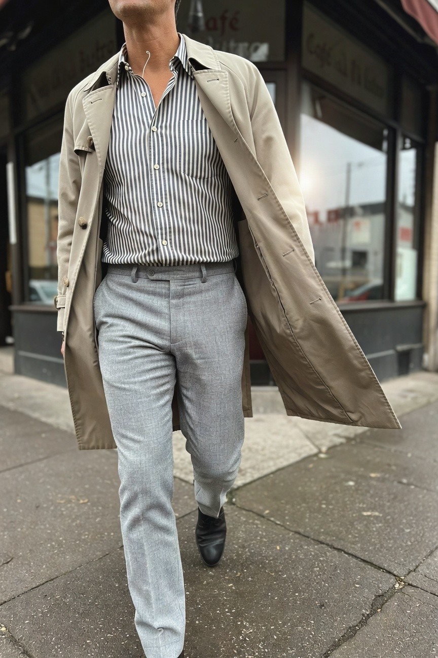 Man walking on sidewalk in open beige trench coat over blue-and-white striped button-up shirt with open collar, light grey textured trousers, black leather shoes, and thin silver necklace visible at neckline
