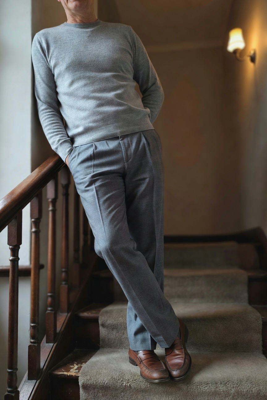 Man in light grey crewneck sweater and matching pleated trousers leaning casually against wooden staircase railing with hands in pockets brown loafers on carpeted steps indoor setting