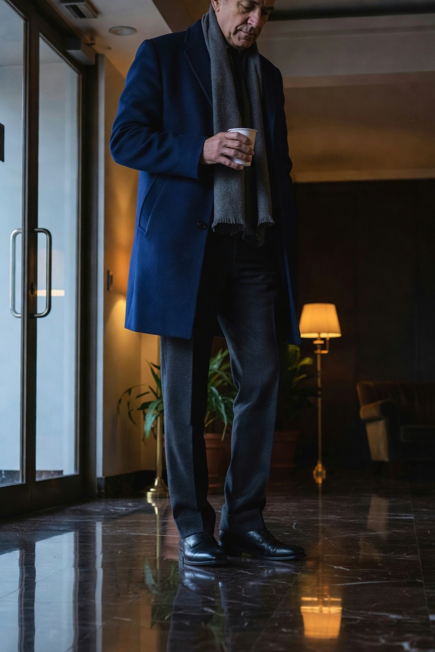 Man in navy blue overcoat, grey scarf, grey wool pants, and black leather shoes standing indoors, holding a white paper coffee cup