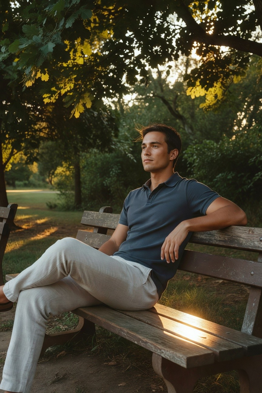 Handsome man in fitted navy blue short-sleeve polo shirt tucked into loose light grey linen pants rolled at ankles, wearing brown sandals, sitting relaxed on wooden bench with arms crossed