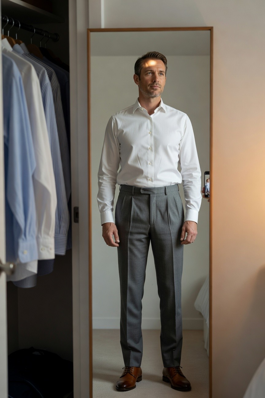 A man stands in front of a full-length mirror wearing a white button-down shirt tucked into grey pleated trousers with a matching belt, finished with brown leather oxford shoes, arms relaxed at his sides in a modern bedroom closet setting