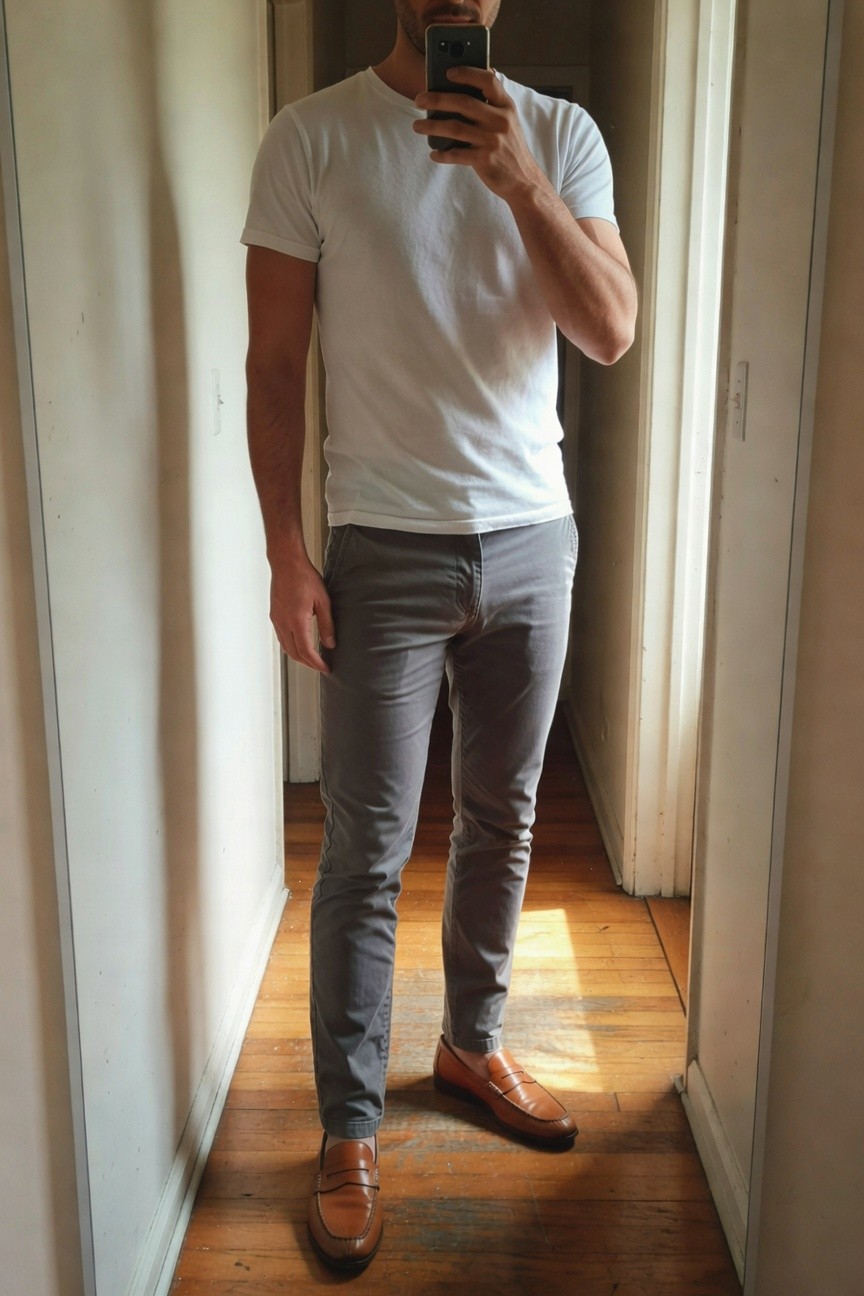 Man in mirror selfie wearing white crewneck t-shirt, slim grey chinos, and brown leather penny loafers, standing in hallway
