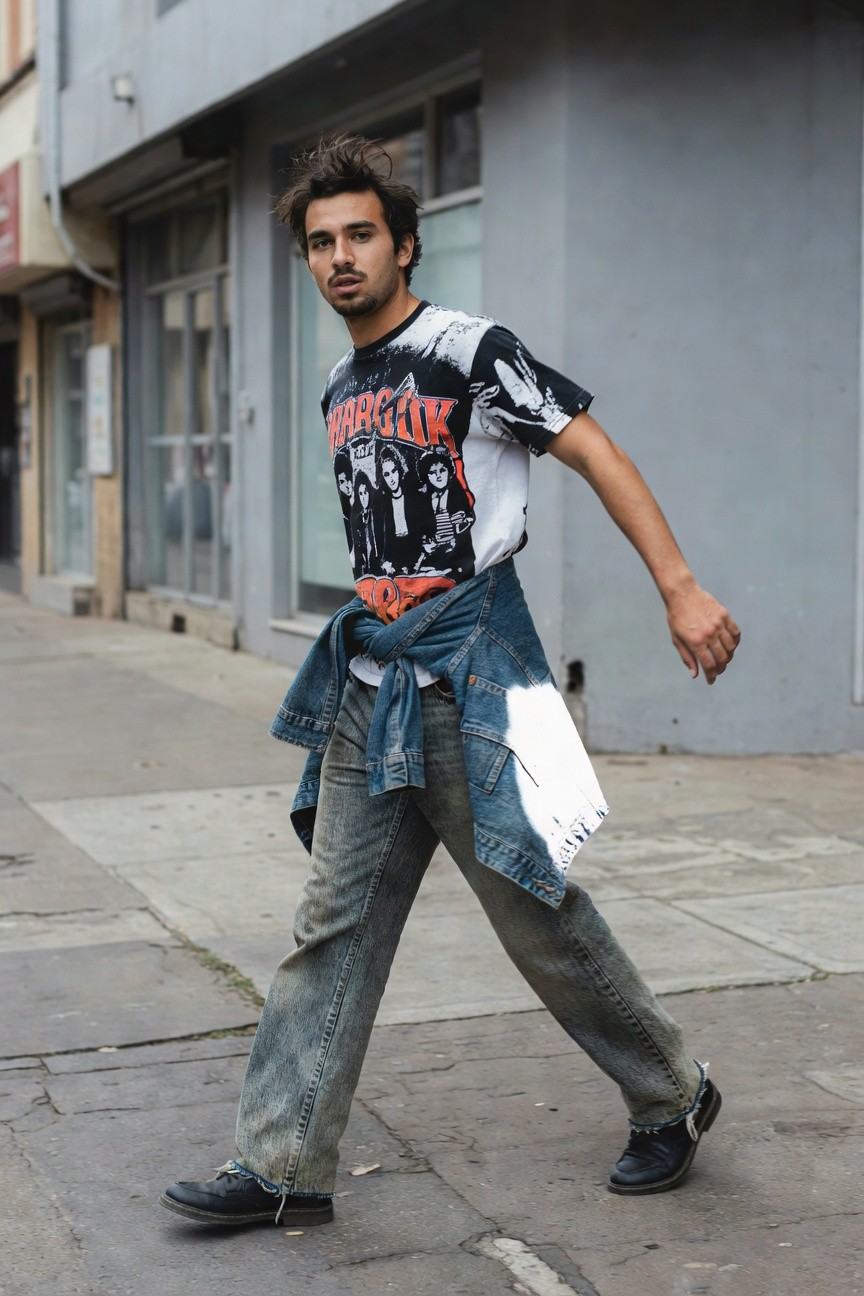 Man in baggy light wash distressed jeans, black Motörhead graphic tee, tied blue denim jacket at waist with orange strap, black Doc Martens boots, walking on urban sidewalk