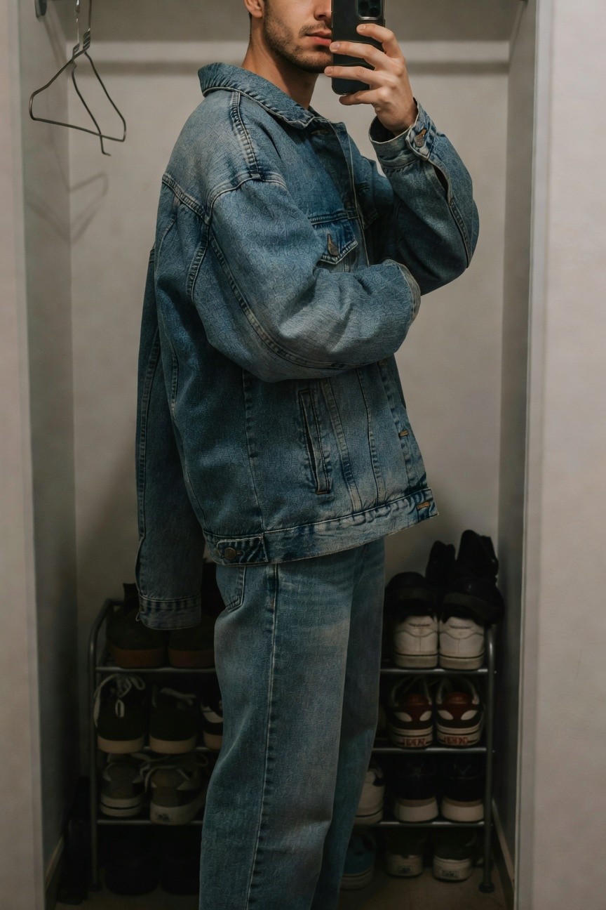Mirror selfie of a man in a closet wearing an oversized light-wash denim jacket with bunched sleeves over baggy light blue jeans, hand holding phone, shoe rack with various sneakers visible behind