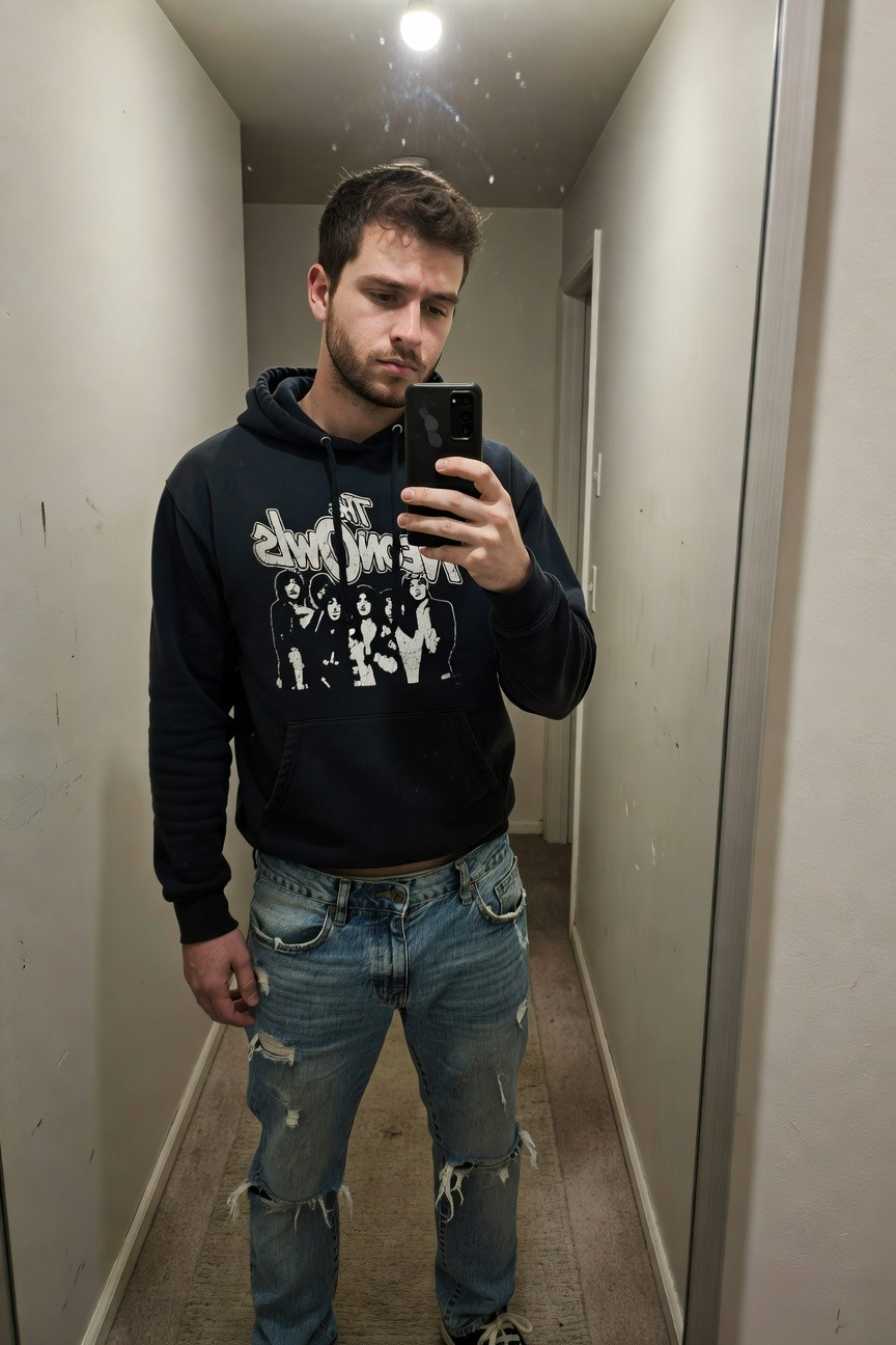 Mirror selfie of a man in a navy hoodie with white KISS band graphic print, low-slung light blue ripped jeans with knee and thigh tears, and white sneakers with black accents, standing in a hallway