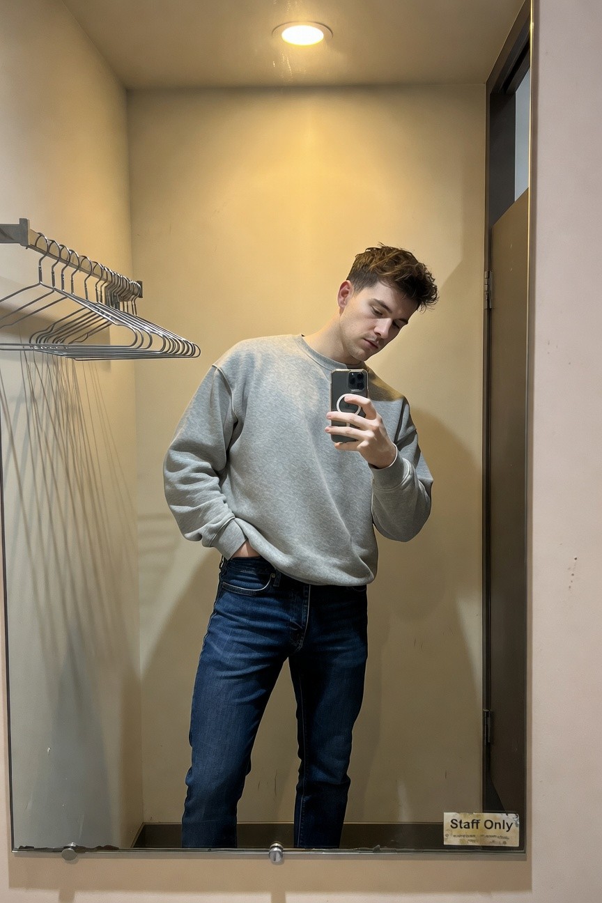 Young man in light gray crewneck sweatshirt and dark blue straight-leg jeans posing in front of a mirror in a staff changing room, holding up his phone for a selfie with hands partially in pockets