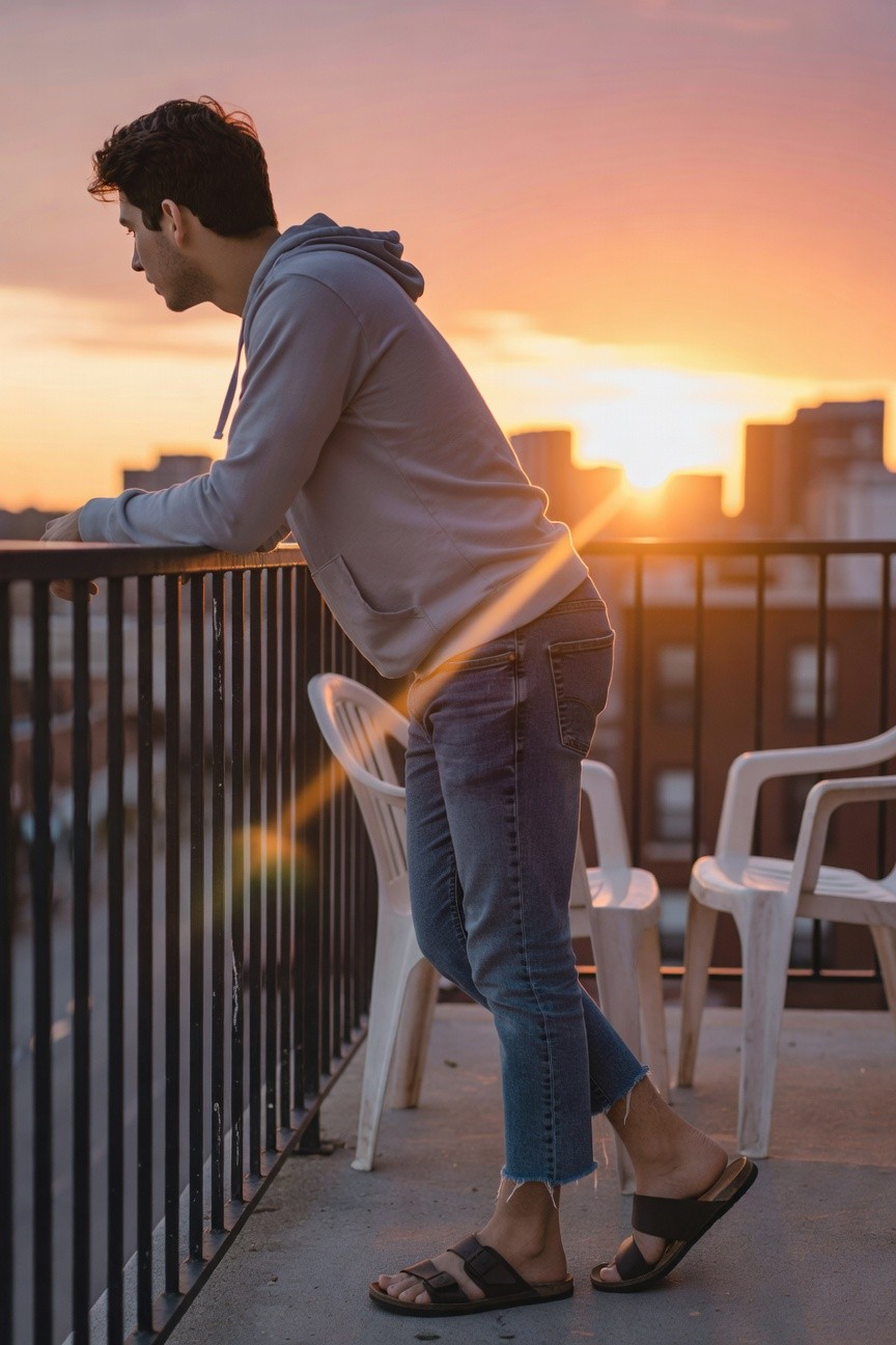 Side profile of a man in a gray hoodie, light wash cropped jeans with frayed hems, and brown strappy sandals, leaning casually while viewed from behind