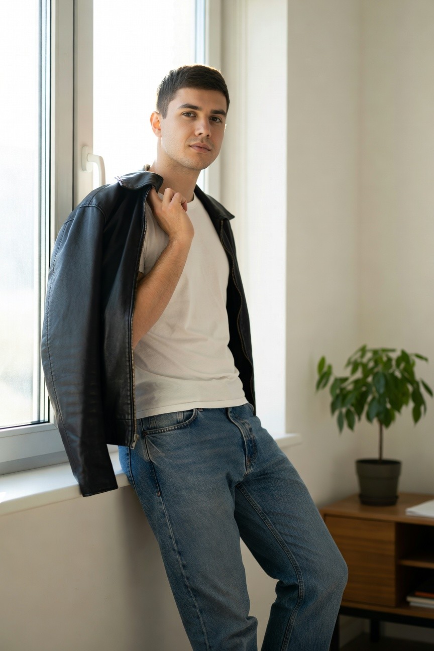 Young man in open black leather jacket over white t-shirt and faded blue straight-leg jeans, leaning casually against a windowsill in a light room