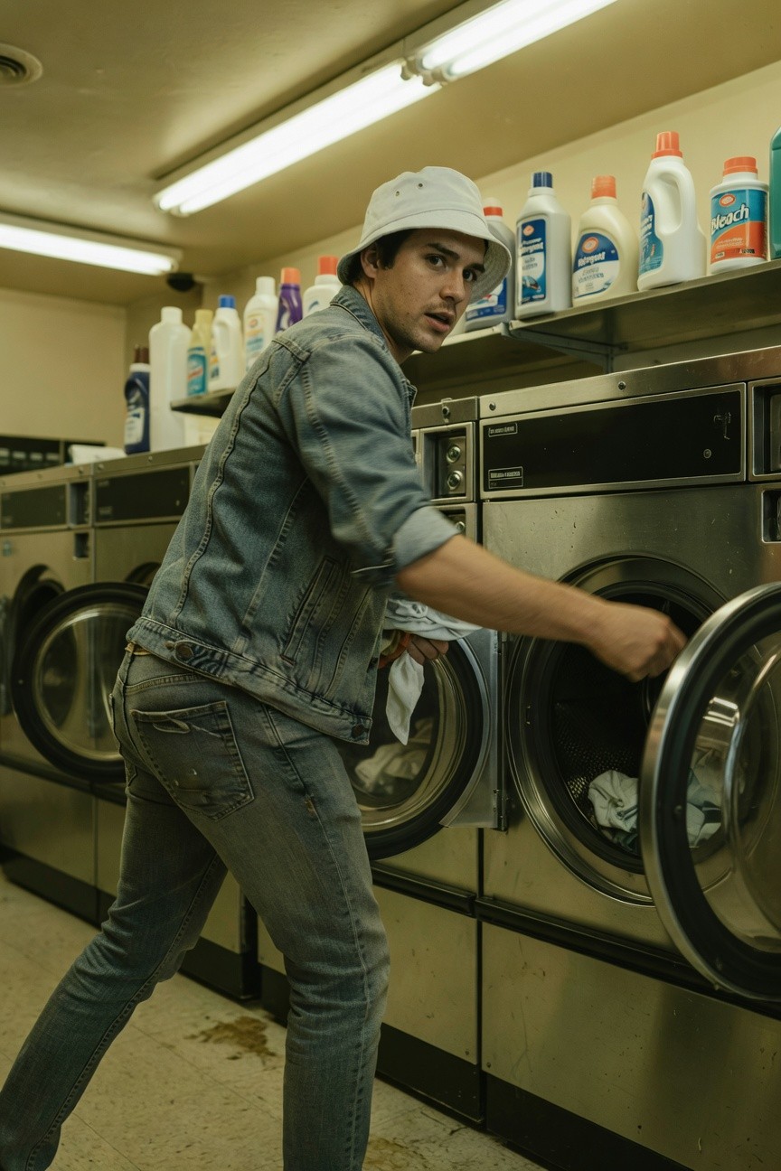 A man in a light wash denim jacket with rolled sleeves and matching slim faded jeans, viewed from behind as he loads a washing machine, wearing a white bucket hat, in a laundromat setting