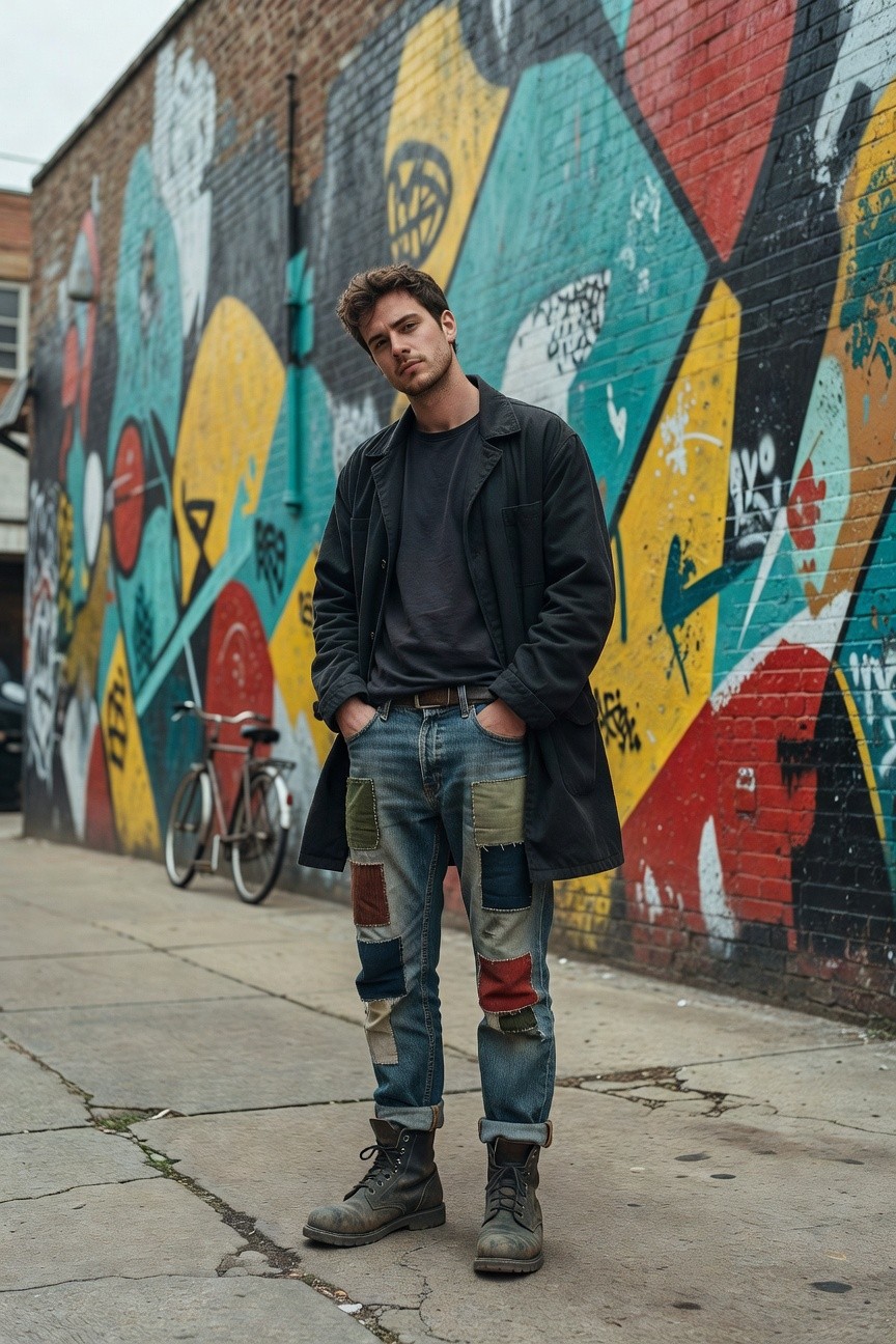 Man in streetwear outfit posing with hands in pockets: dark long coat over black turtleneck, blue patched jeans with colorful fabric squares, brown belt, black combat boots, against urban graffiti wall