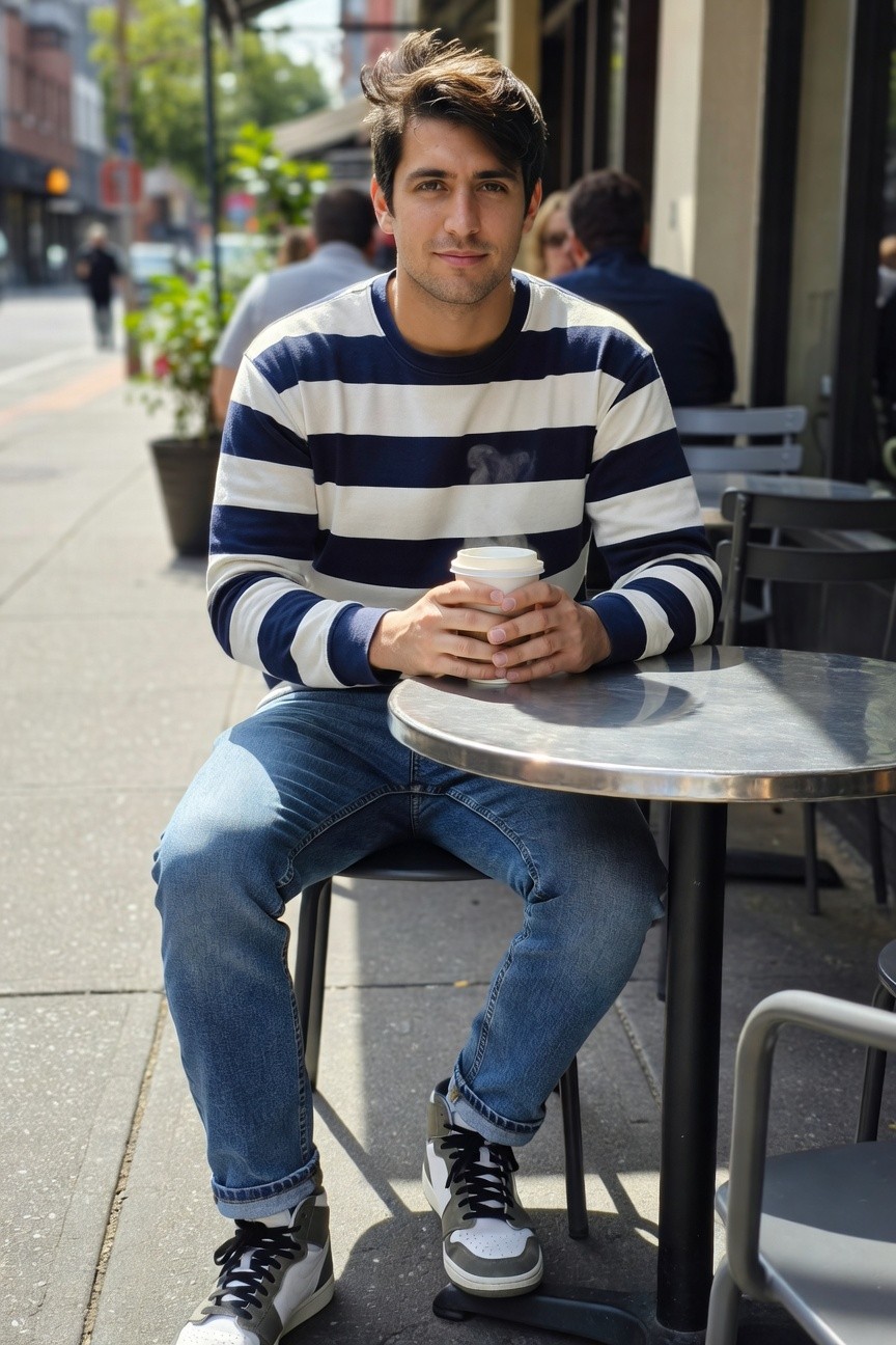 Man in navy and white striped long-sleeve sweater, slim blue jeans cuffed at ankles, black and white high-top sneakers, sitting at outdoor metal table holding white coffee cup