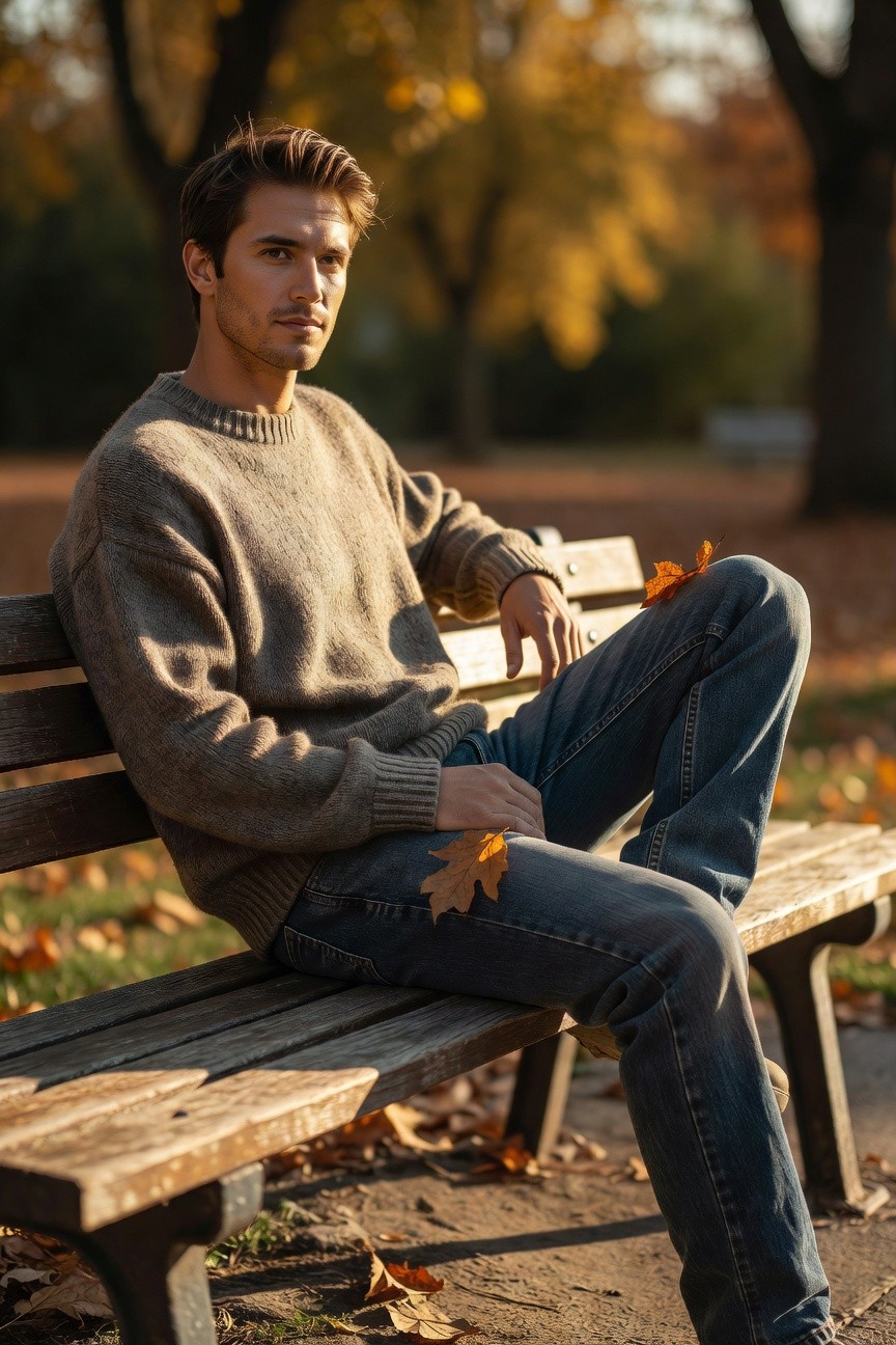Handsome man in beige knit sweater and dark blue jeans sitting casually on a wooden bench, autumn leaves nearby, natural light