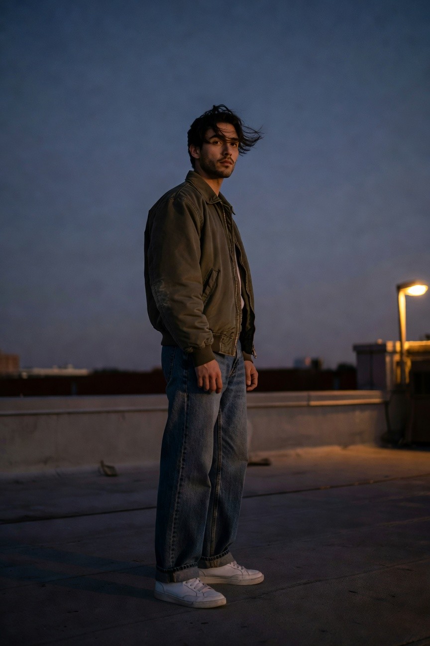 Side profile of a man in olive green bomber jacket, white t-shirt, straight blue jeans, and white sneakers, standing casually on a rooftop at dusk