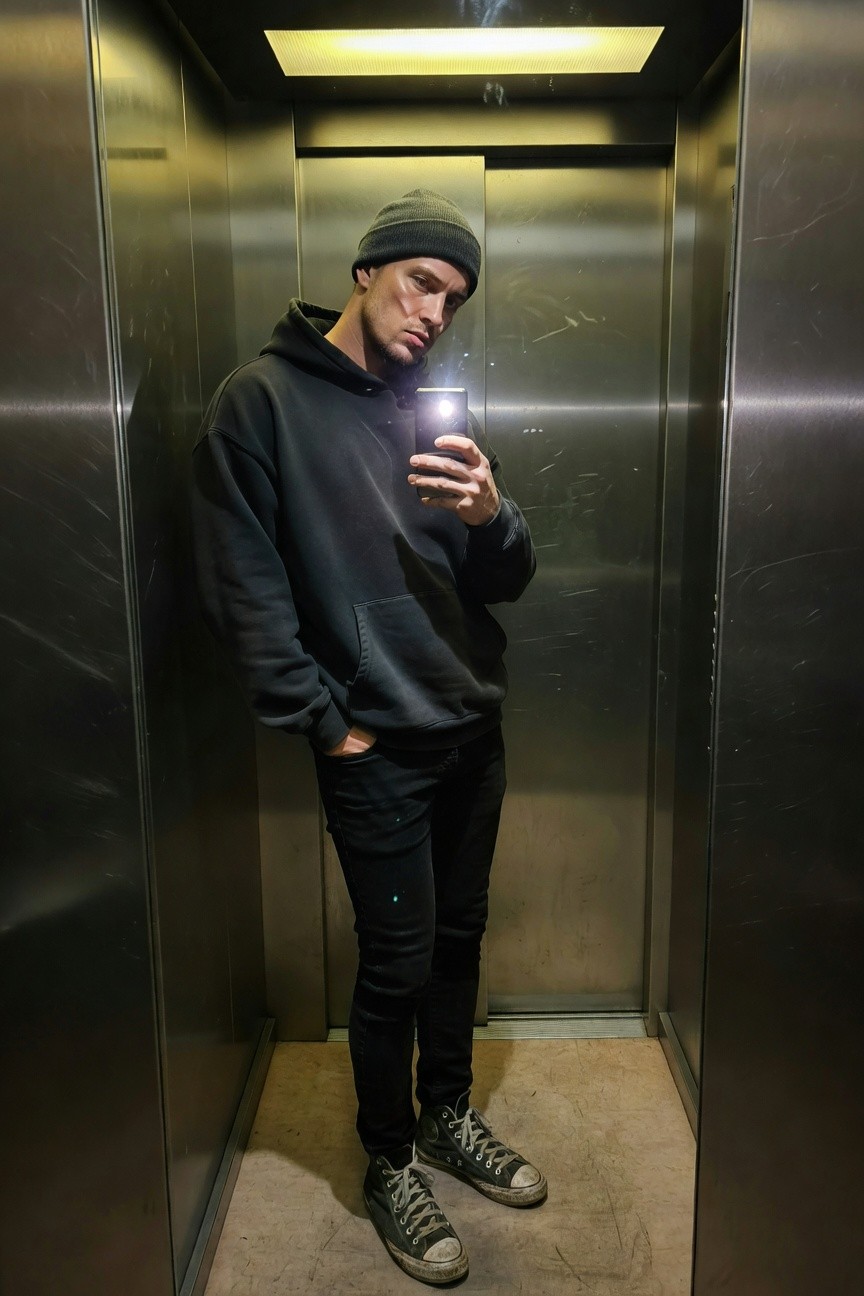 Selfie of a man in an elevator wearing a black beanie, oversized black hoodie, slim black jeans, and black Converse high-tops, all-black streetwear outfit with hands in pockets