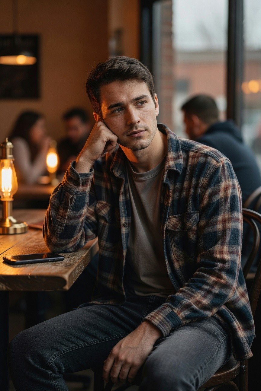 Man in open plaid navy-and-rust flannel shirt over gray t-shirt, slim dark jeans, sitting at wooden table with phone nearby in cozy cafe setting