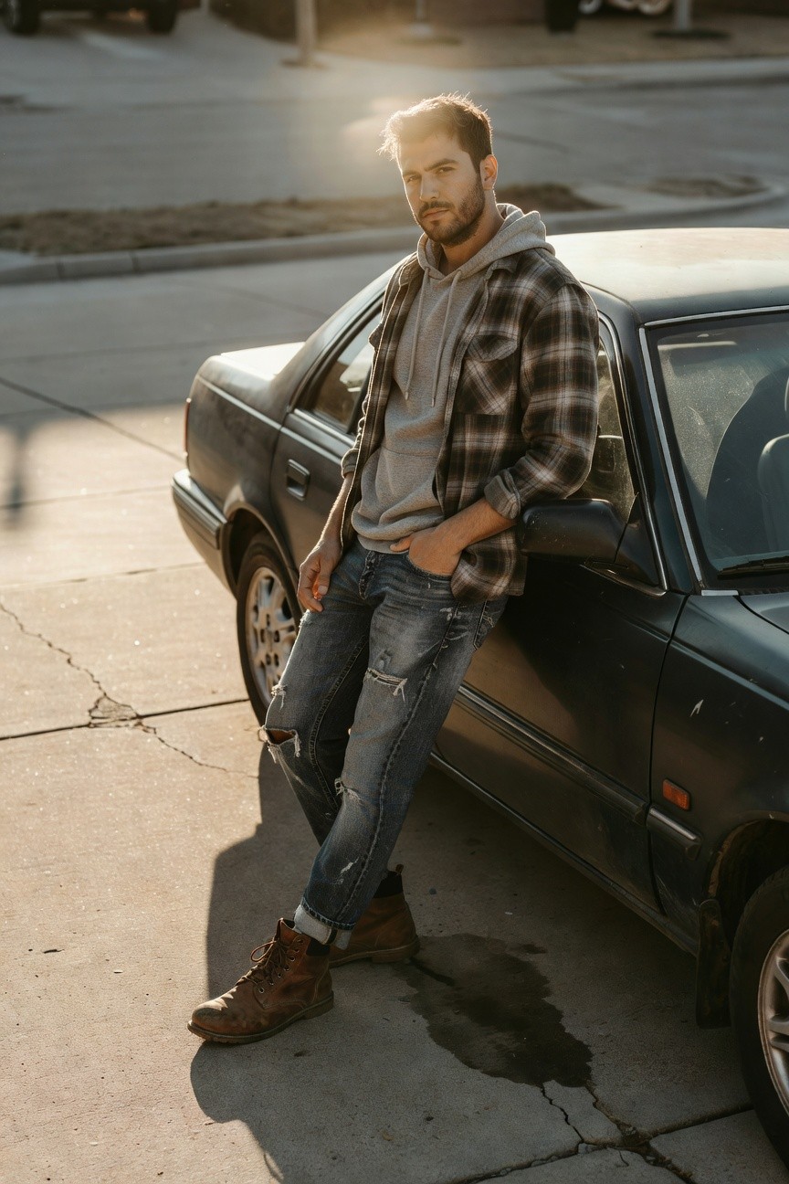 Man in layered gray hoodie under open plaid shirt, ripped blue jeans, and brown leather boots, leaning against a dark green sedan on a street