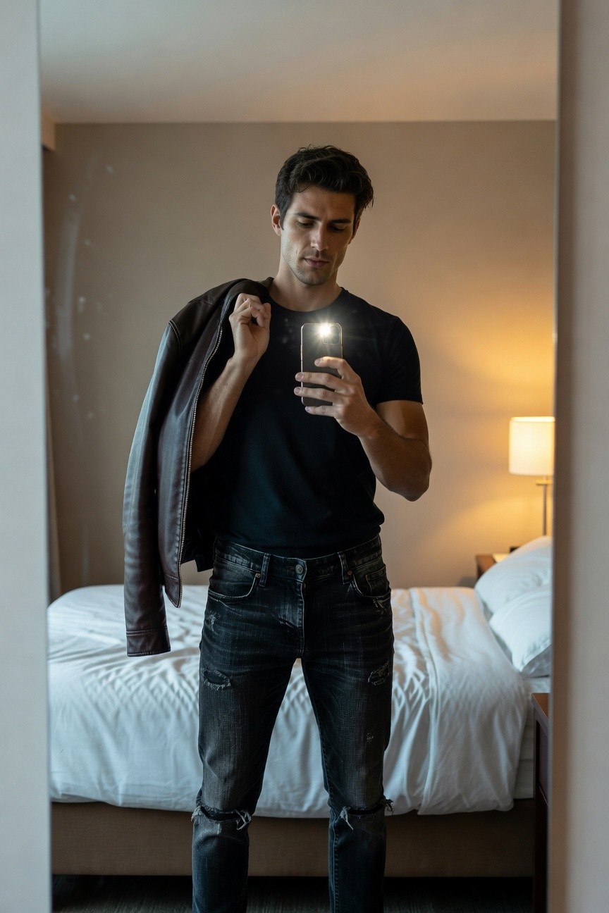 Mirror selfie of a man in a hotel room wearing a black fitted t-shirt, dark ripped jeans with knee tears, and a brown leather jacket draped over one shoulder while holding his phone