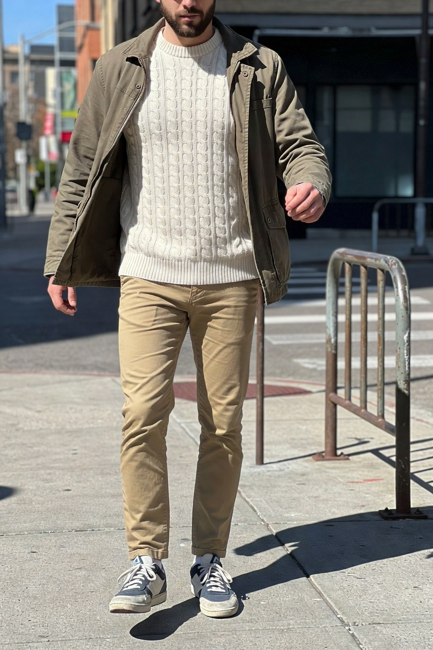 Man wearing olive green field jacket layered over cream cable knit turtleneck sweater, slim khaki chinos, and navy white high-top sneakers, standing on urban sidewalk