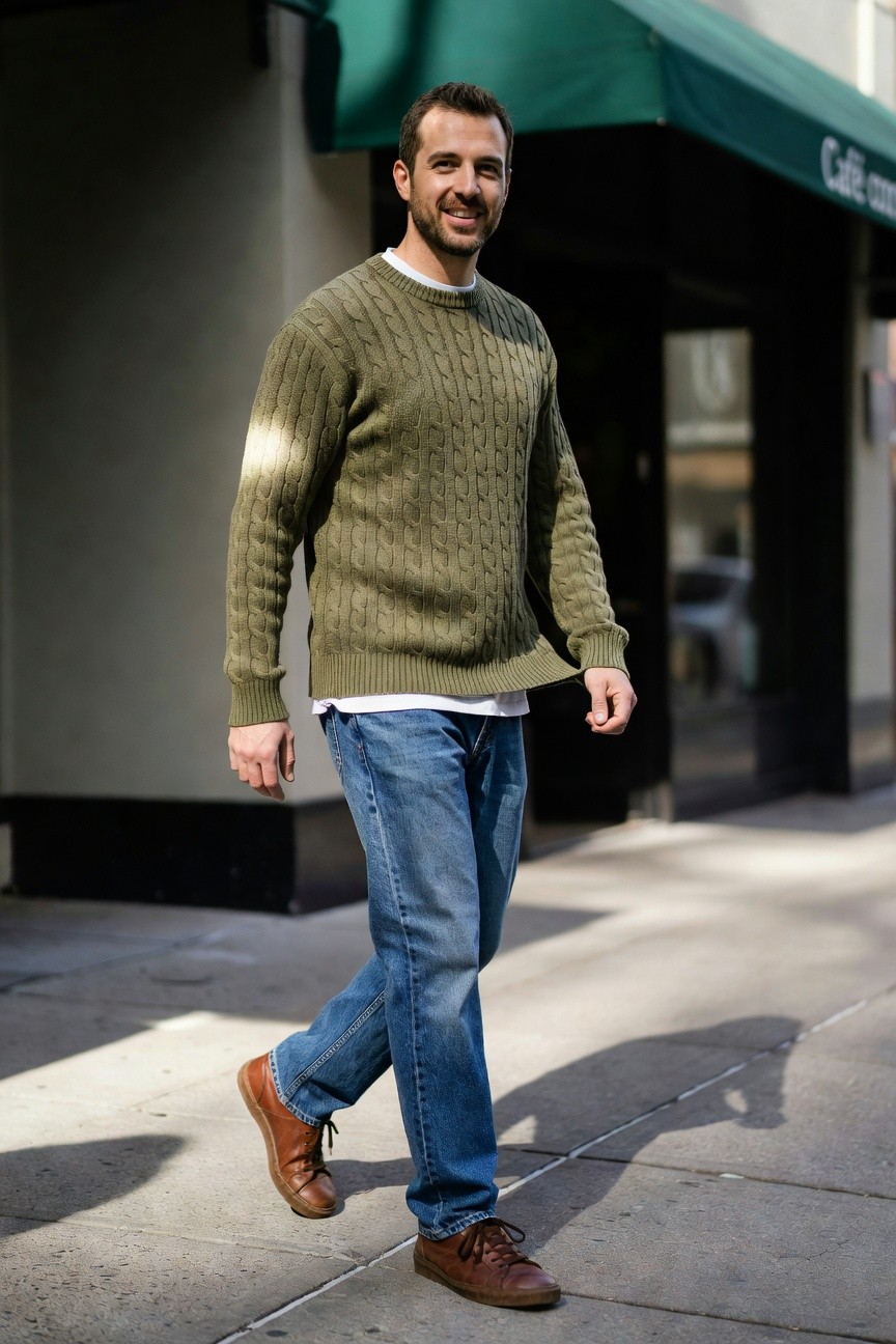 Man in olive green cable knit crewneck sweater layered over white tee, straight-leg blue jeans, and brown suede sneakers, walking casually on sidewalk