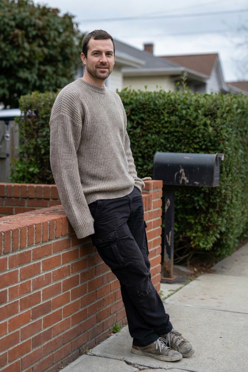 Man in chunky beige knit sweater leaning on brick wall wearing black cargo pants and gray sneakers casual streetwear style