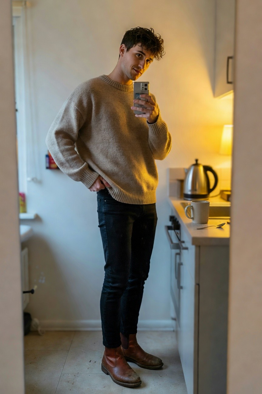 Young man in oversized chunky beige knit sweater, slim black jeans, and brown leather ankle boots, standing casually in a kitchen taking a mirror selfie with phone