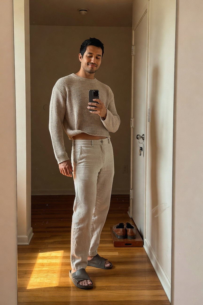 A man stands in a hallway mirror selfie wearing a cropped beige knit sweater, high-waisted light cream linen pants, and black cross-strap sandals, holding his phone with a slight smile.