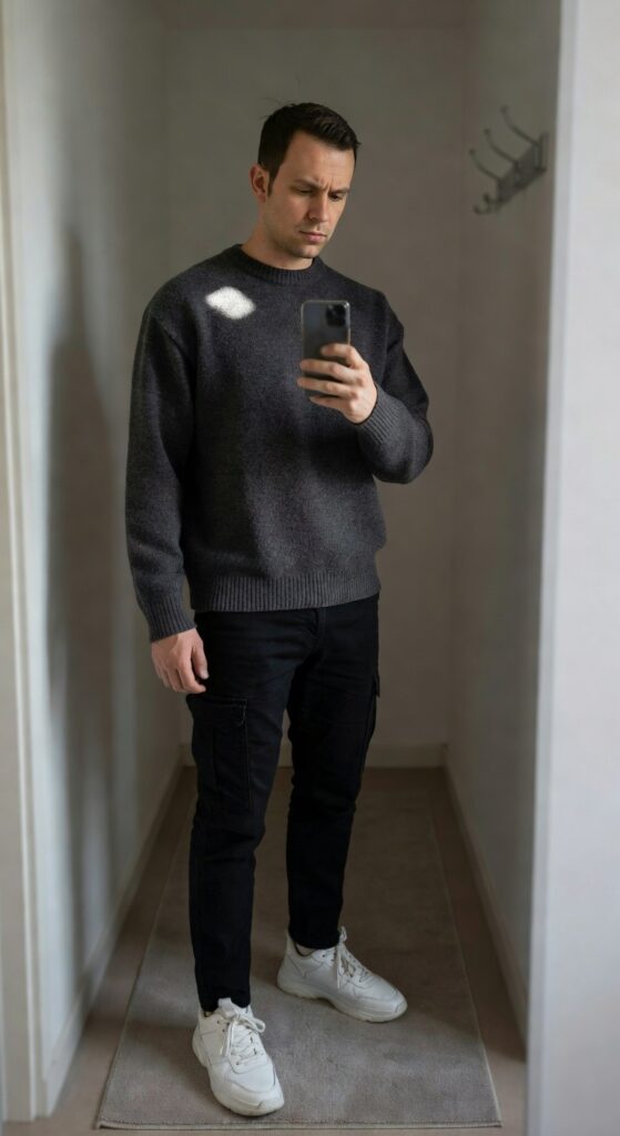 Man taking mirror selfie in gray oversized knit sweater with subtle white mark, black straight-leg cargo pants, and chunky white sneakers, hands in pockets, hallway setting