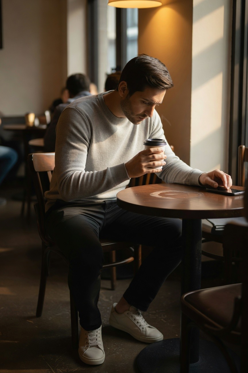 Man in light gray high-neck sweater, slim black trousers, and white sneakers sits at a round wooden table in a cafe, holding a to-go coffee cup while checking his phone