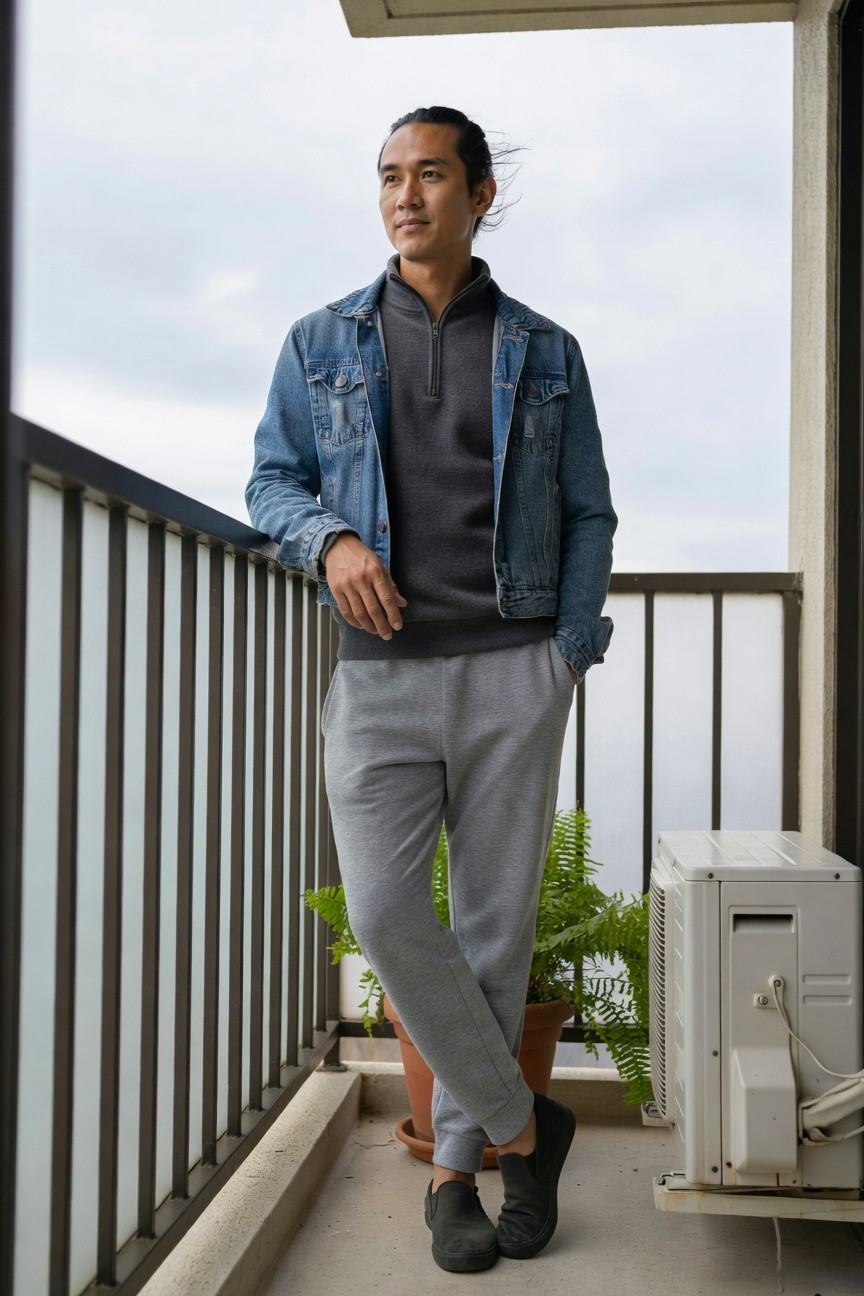 Man leaning on balcony railing in open light-wash denim jacket over grey zip-up sweater, grey joggers, and black slip-on sneakers, with potted fern and AC unit nearby