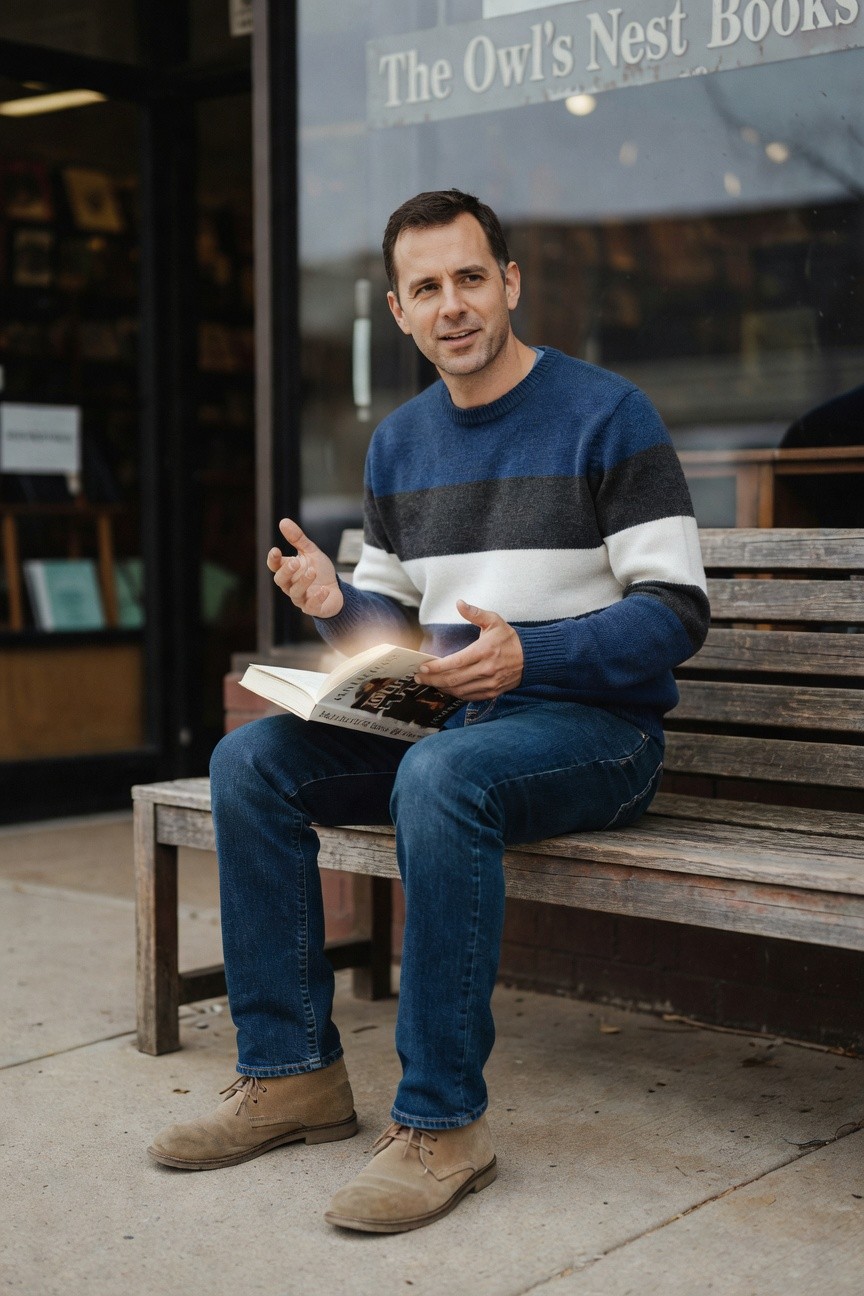 Man in navy blue gray and white striped knit sweater blue slim jeans and tan suede chukka boots sitting on wooden bench outside bookstore holding open glowing book