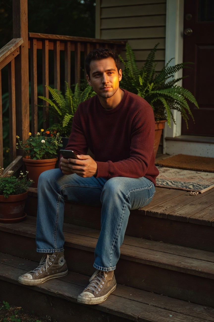 Man sitting on wooden porch steps in a maroon crewneck sweater, blue straight-leg jeans, and worn white high-top Converse sneakers, holding a smartphone, surrounded by potted plants