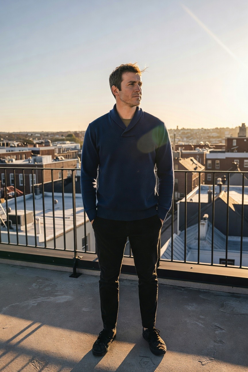 Man standing casually in navy blue shawl collar knit sweater, slim black trousers tucked into hands in pockets, and black sneakers on a rooftop railing with urban skyline behind