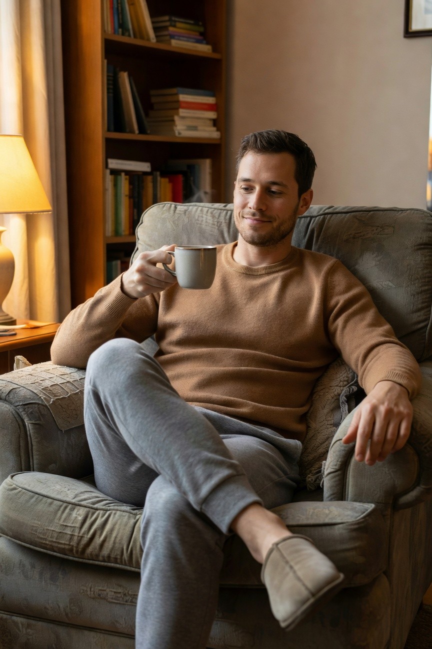 Man lounging in a beige knit sweater, grey sweatpants, and neutral slippers, holding a mug, casual modern streetwear style