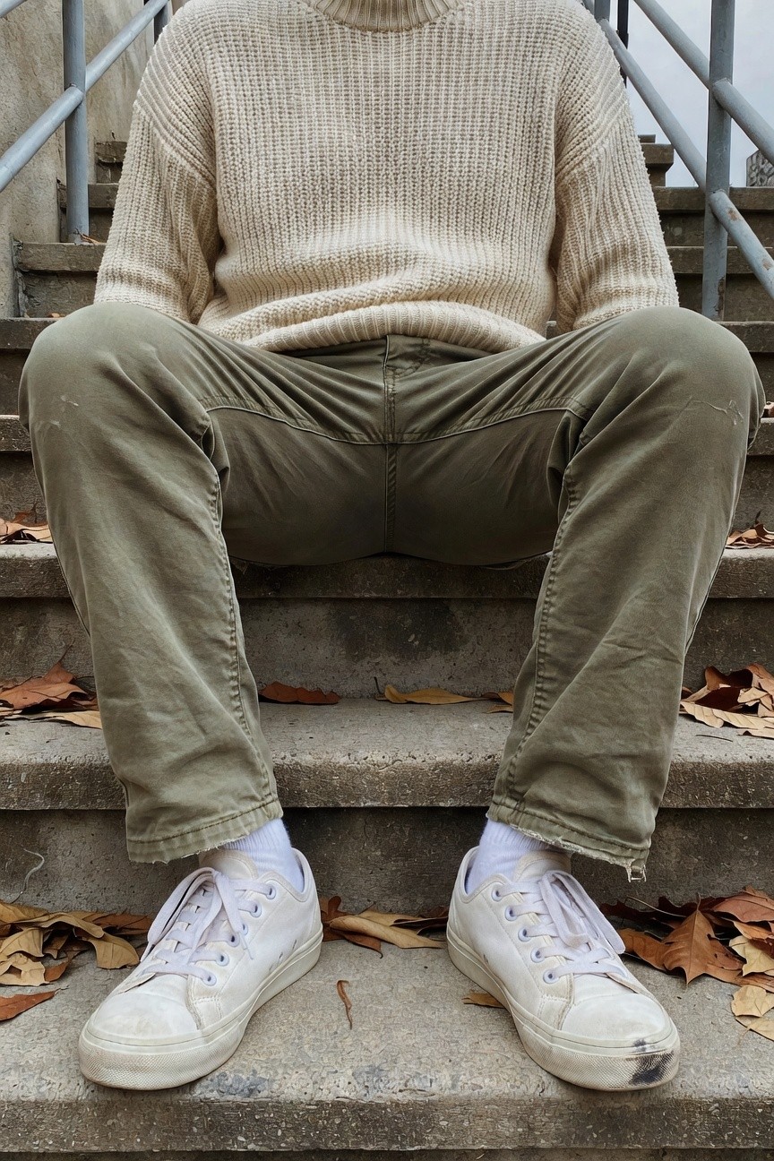 Man seated wearing cream chunky knit turtleneck sweater, olive green baggy cargo pants, white crew socks, and scuffed white low-top sneakers
