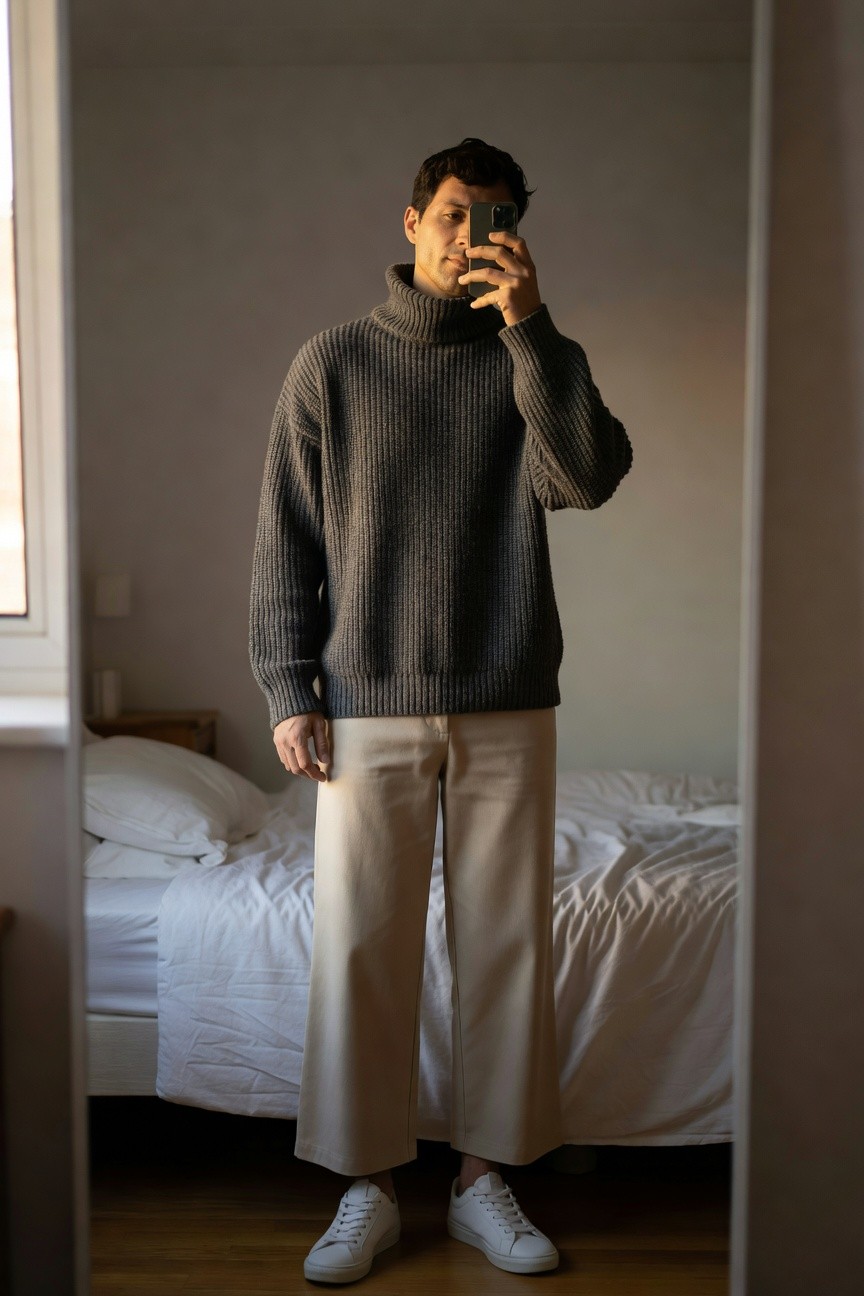 Man in chunky gray turtleneck sweater, wide-leg beige pants, and white sneakers, posing in front of mirror for casual streetwear look