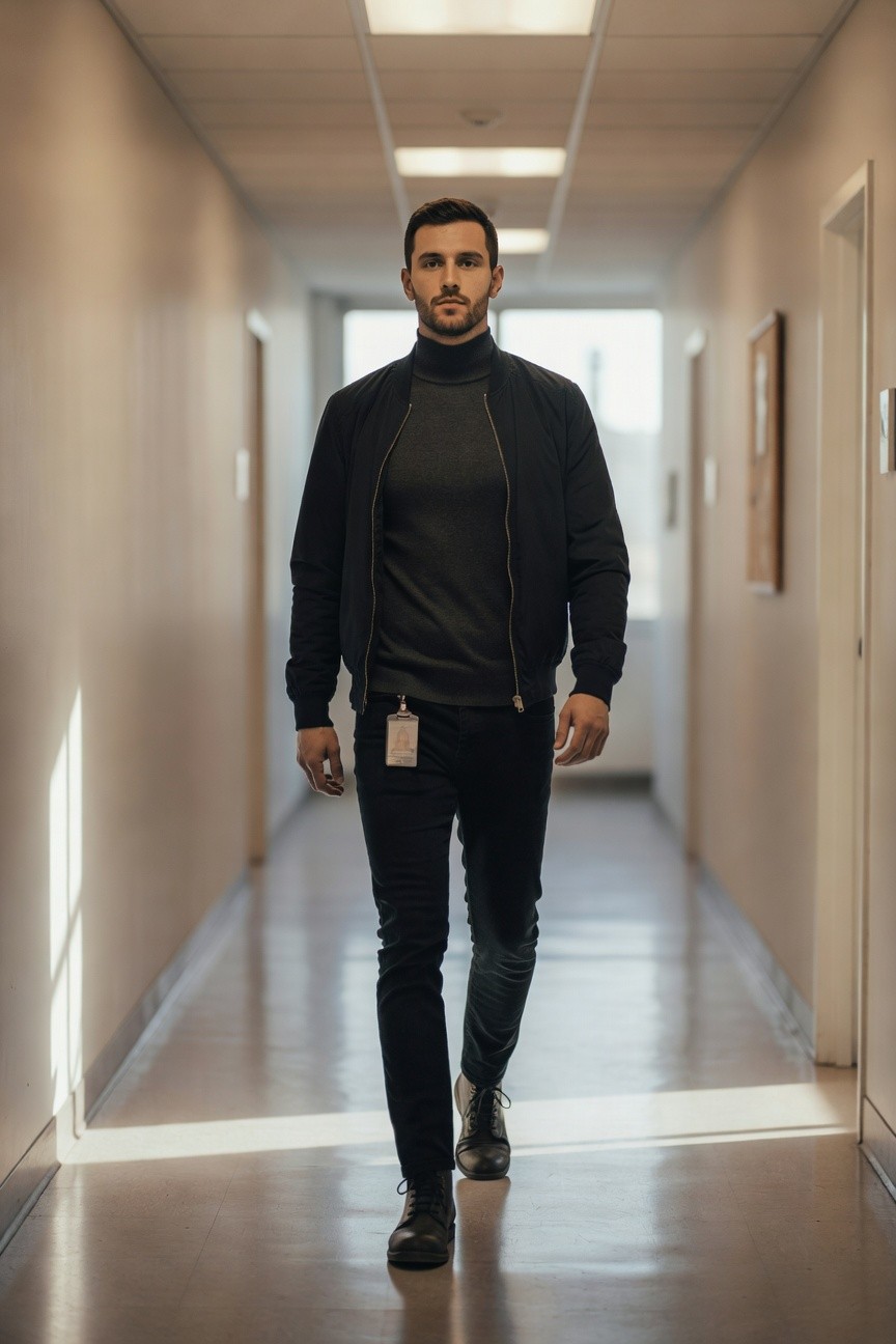 Man walking down office hallway in black bomber jacket over gray turtleneck, black slim jeans, black Chelsea boots, and ID badge clipped to waistband
