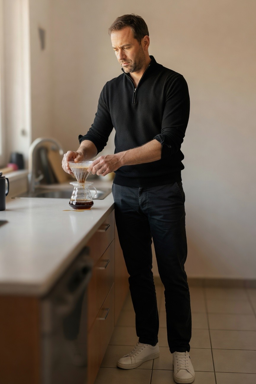 Man in black half-zip sweater, black slim trousers, and white sneakers pouring coffee from a filter into a carafe on a kitchen counter