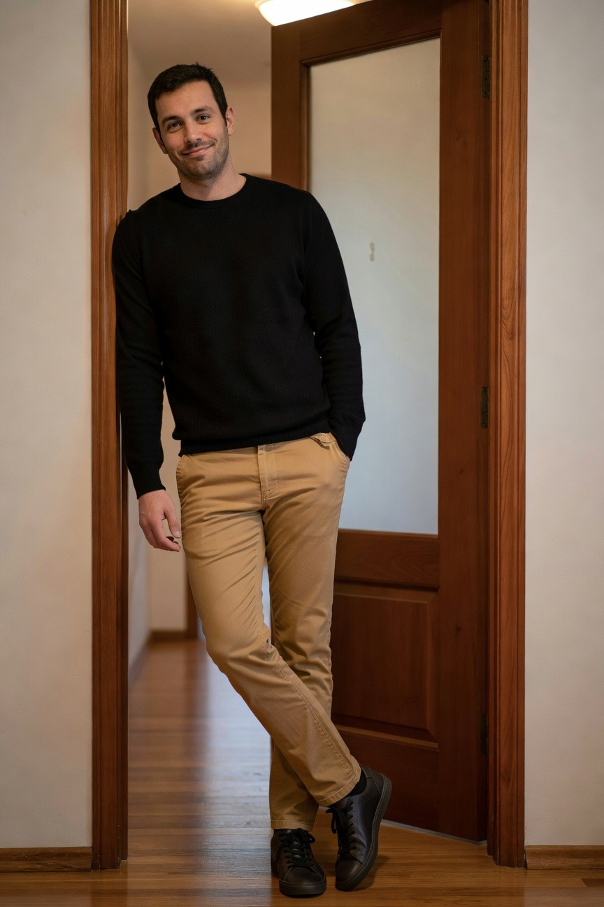 Man leaning casually in wooden doorframe wearing black crewneck knit sweater, beige khaki chinos with hands in pockets, and black sneakers on wooden floor