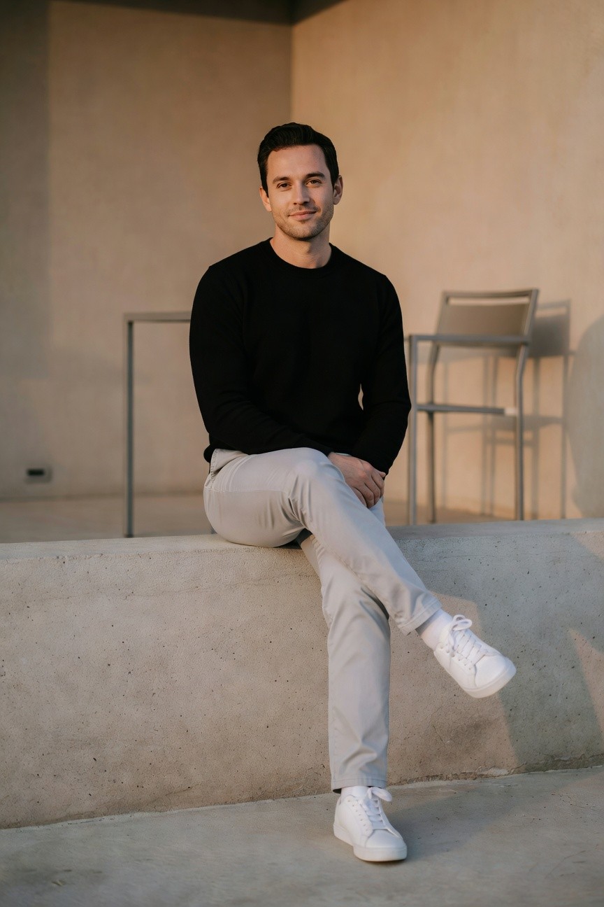 Man in black crewneck sweater, light gray slim trousers, and white sneakers, seated casually on a ledge with hands clasped