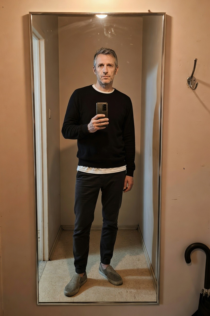 Middle-aged man in black crewneck sweater layered over white t-shirt, dark grey slim cuffed pants, and light grey suede slip-on sneakers, taking a mirror selfie in a narrow beige hallway with umbrella hook nearby