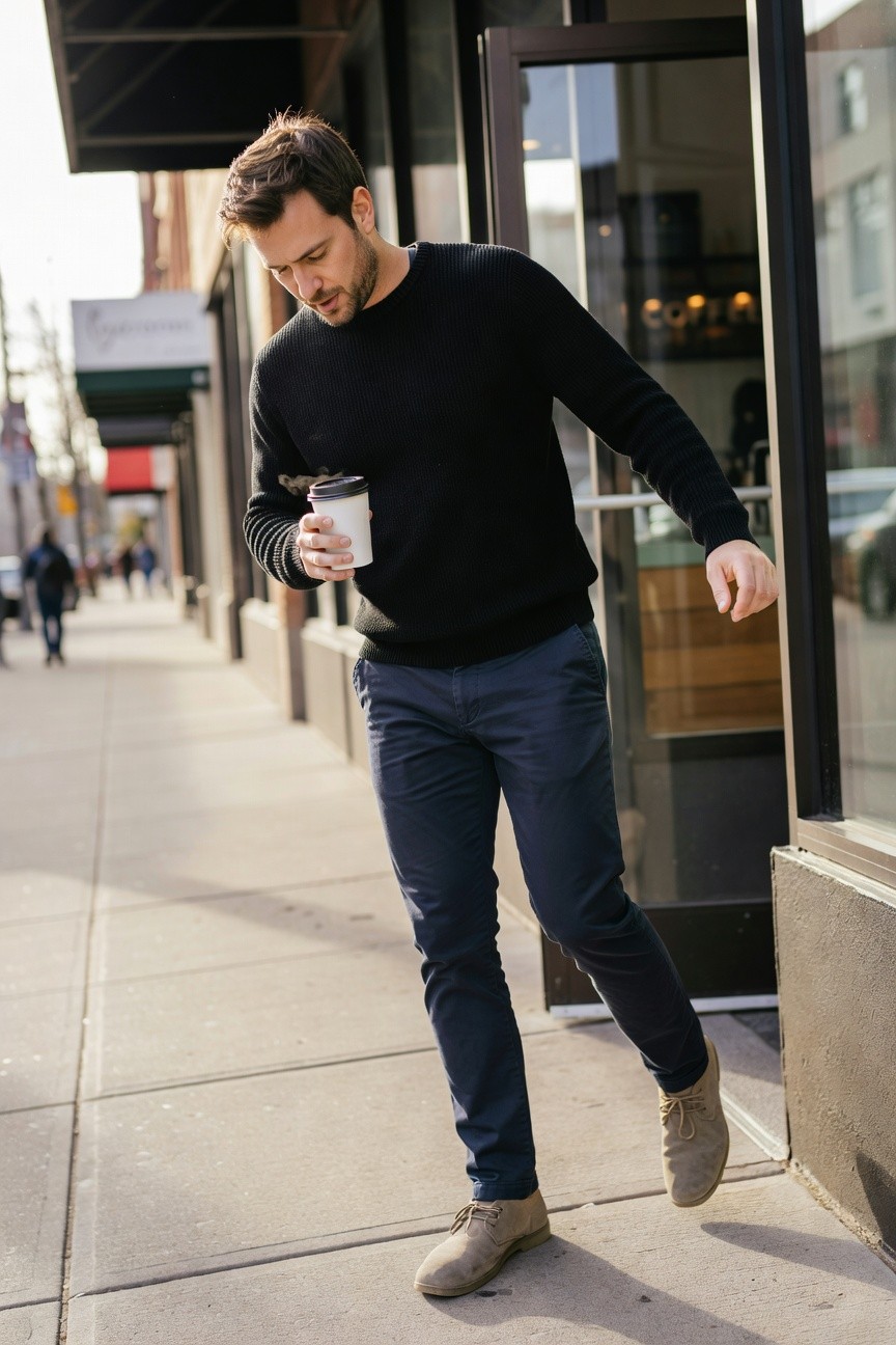 Man in black ribbed crewneck sweater, navy chinos, and tan suede chukka boots walking on sidewalk holding coffee cup