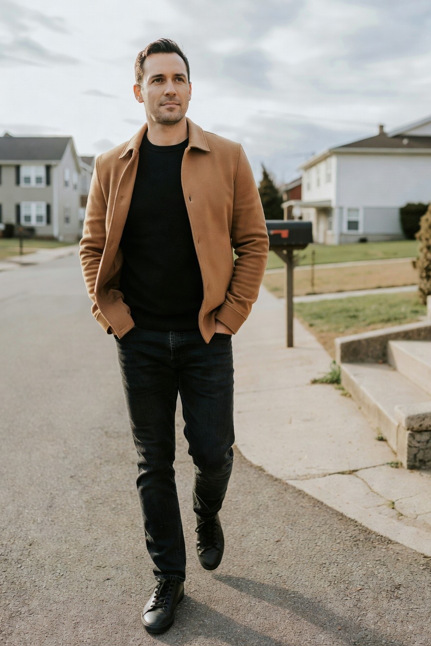 Man walking casually in open camel jacket over black sweater, black jeans, and black sneakers on a sidewalk