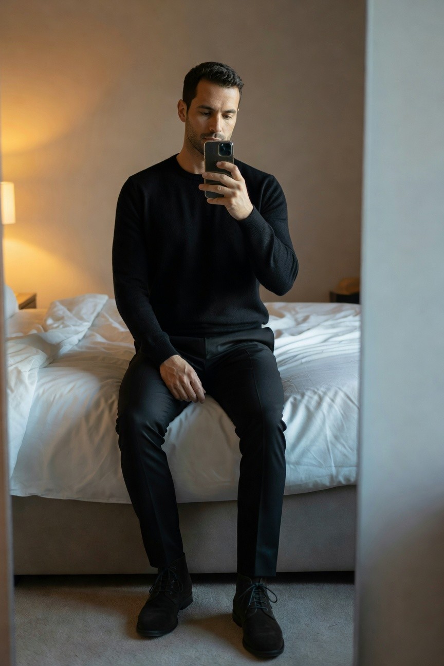 A man in a black knit sweater, black slim trousers, and black laced ankle boots sits on the edge of a white hotel bed, taking a mirror selfie with his phone in a modern bedroom.