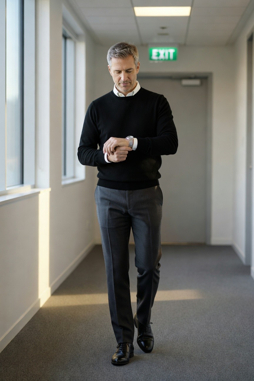 Middle-aged man in black knit sweater over white collared shirt, grey wool trousers, black oxford shoes, checking silver wristwatch while walking in modern office corridor