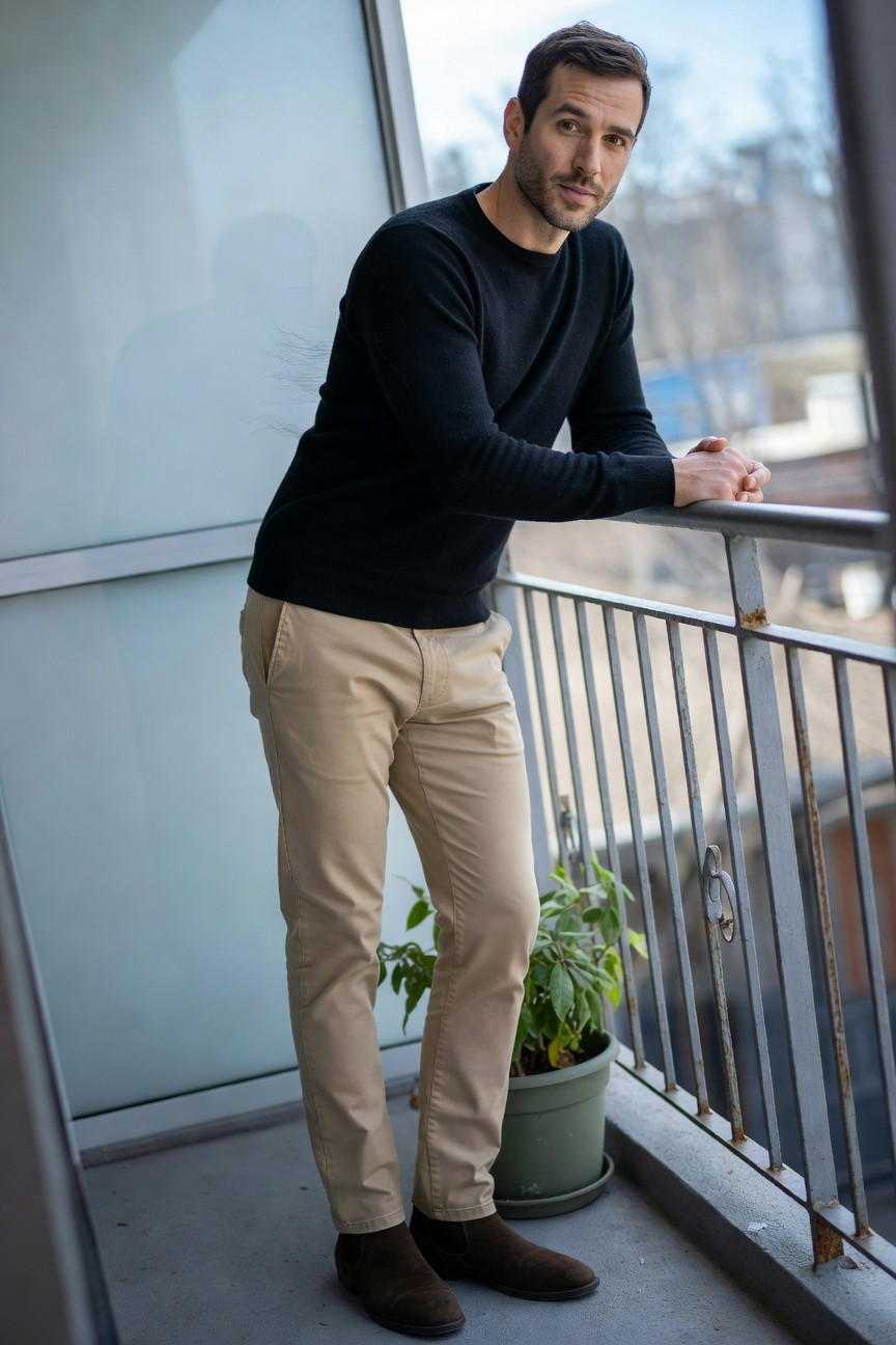 Man in black crewneck sweater, khaki chinos, and brown suede ankle boots leaning on balcony railing with potted plant nearby