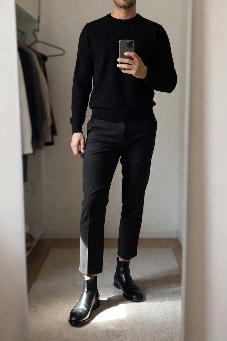 Man in all-black outfit posing in closet: black crewneck sweater, slim cropped black trousers, black leather Chelsea boots, holding phone for selfie