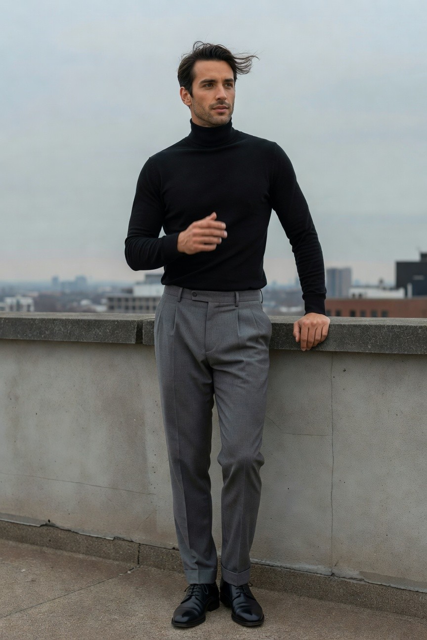 Man in black turtleneck sweater, grey pleated wool trousers, and black dress shoes, leaning against a concrete ledge with hand in pocket and thoughtful pose