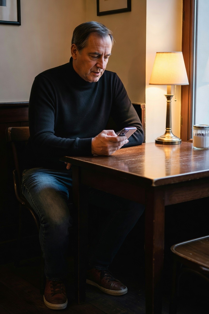 Man wearing a black turtleneck sweater, blue jeans, and brown leather sneakers, seated at a wooden table in a warmly lit cafe