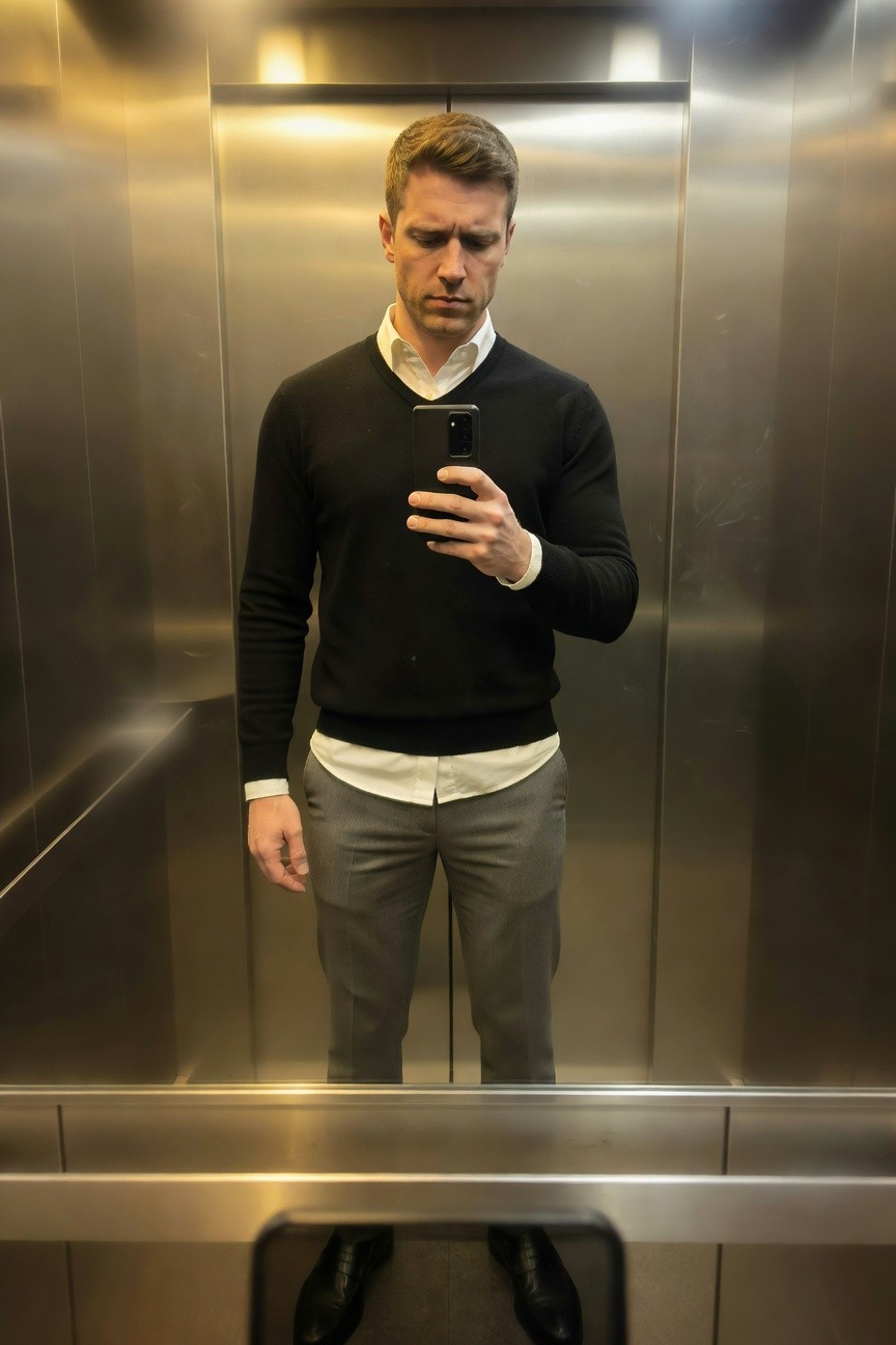 Man in black V-neck sweater layered over white collared shirt, grey wool trousers, and black leather dress shoes, taking a mirror selfie in a metallic elevator