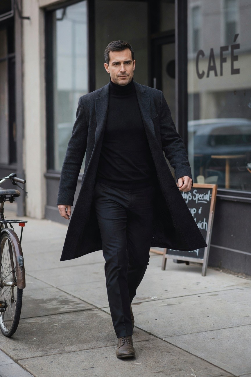 Man in black turtleneck sweater layered under open charcoal wool overcoat, black slim trousers, and brown leather boots, walking on sidewalk